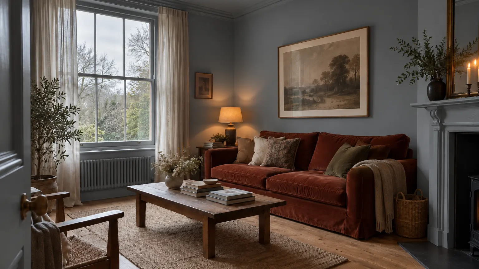 The same living room with walls, ceiling and woodwork in a cool blue-grey, with the rust velvet sofa and the overcast sash window unchanged