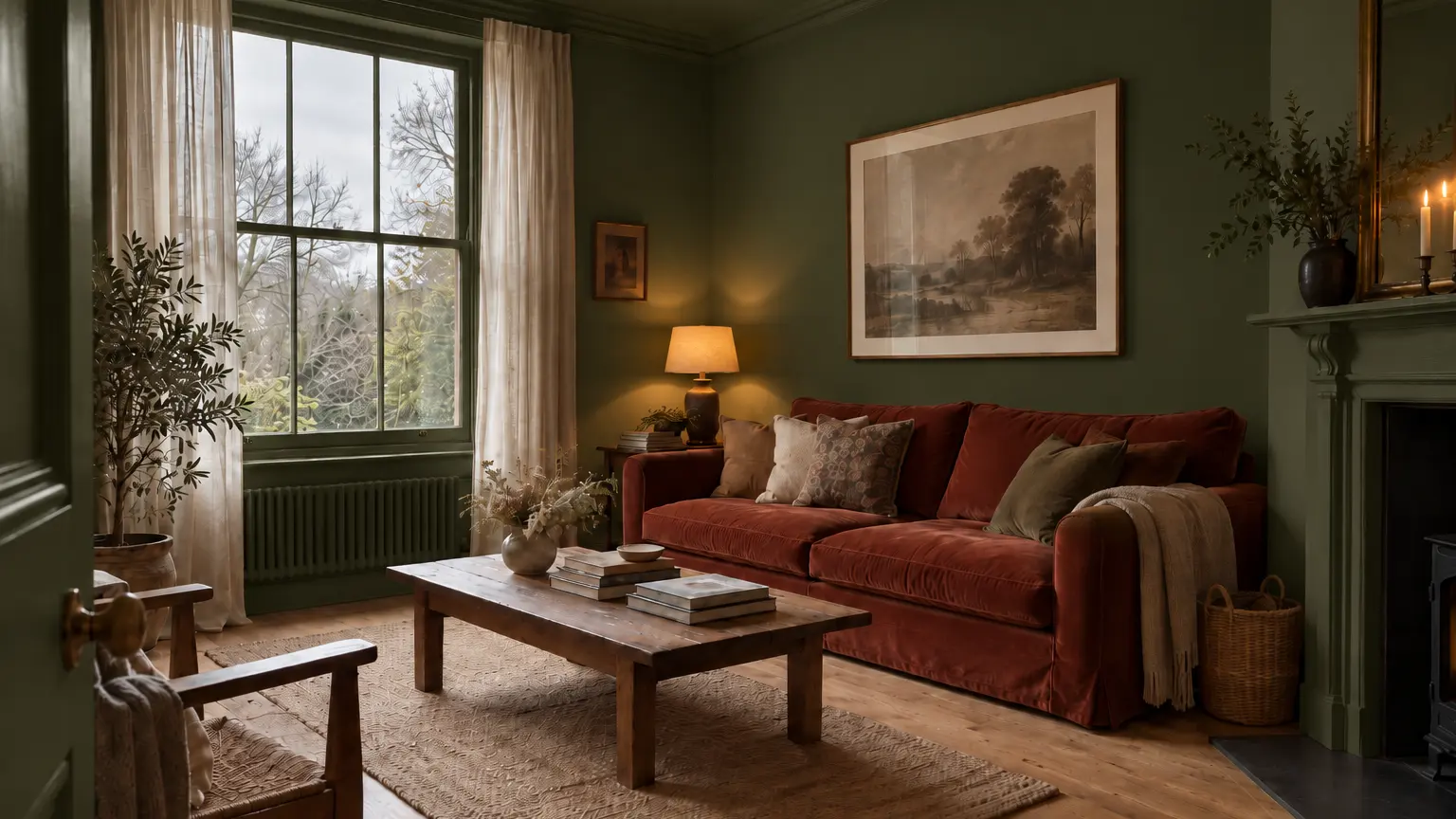 The same living room with walls, ceiling, woodwork, radiator and fireplace painted a deep olive green