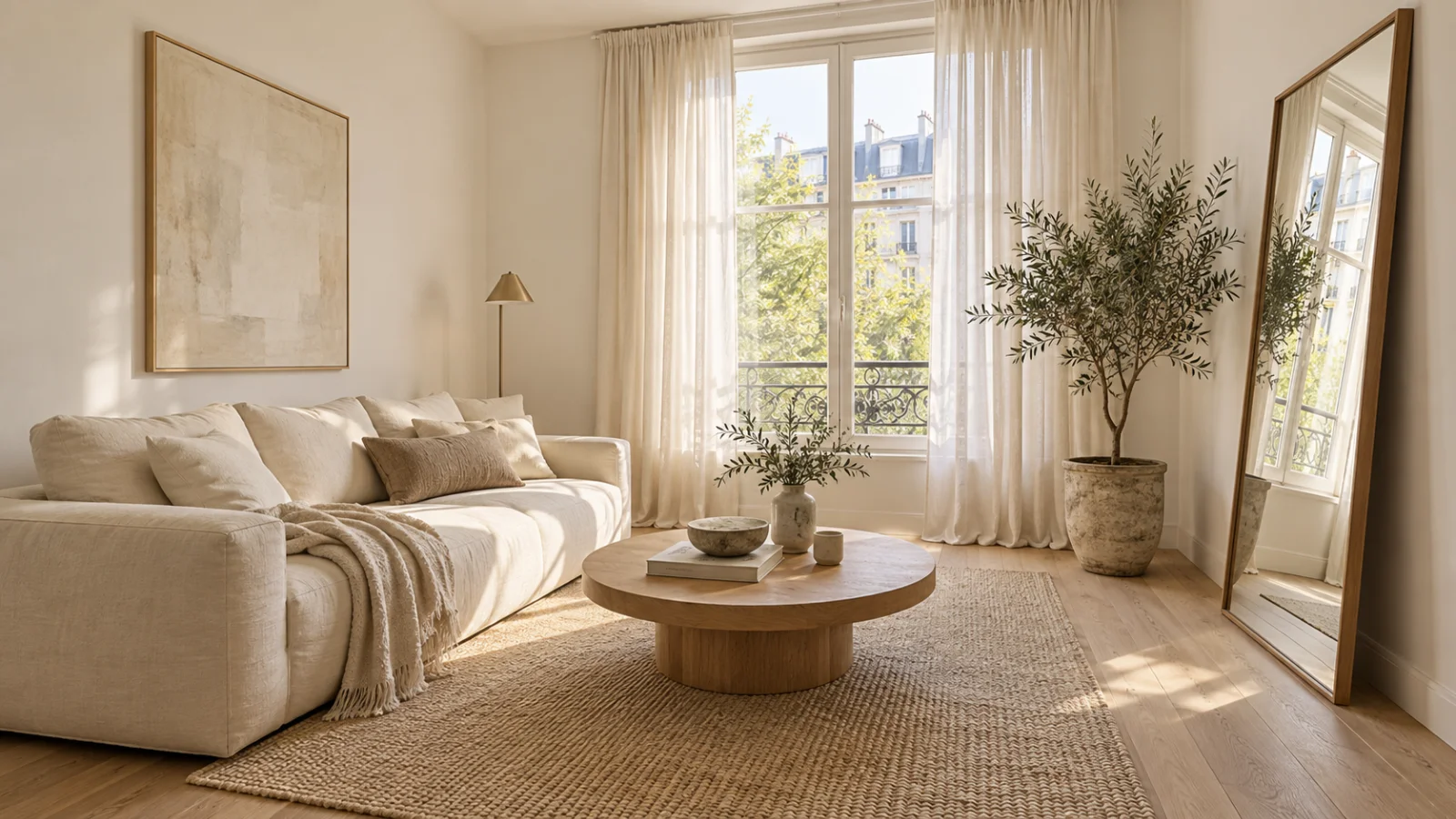Bright living room in warm white with a cream linen sofa, a round oak coffee table, a jute rug and a tall mirror leaning by the window