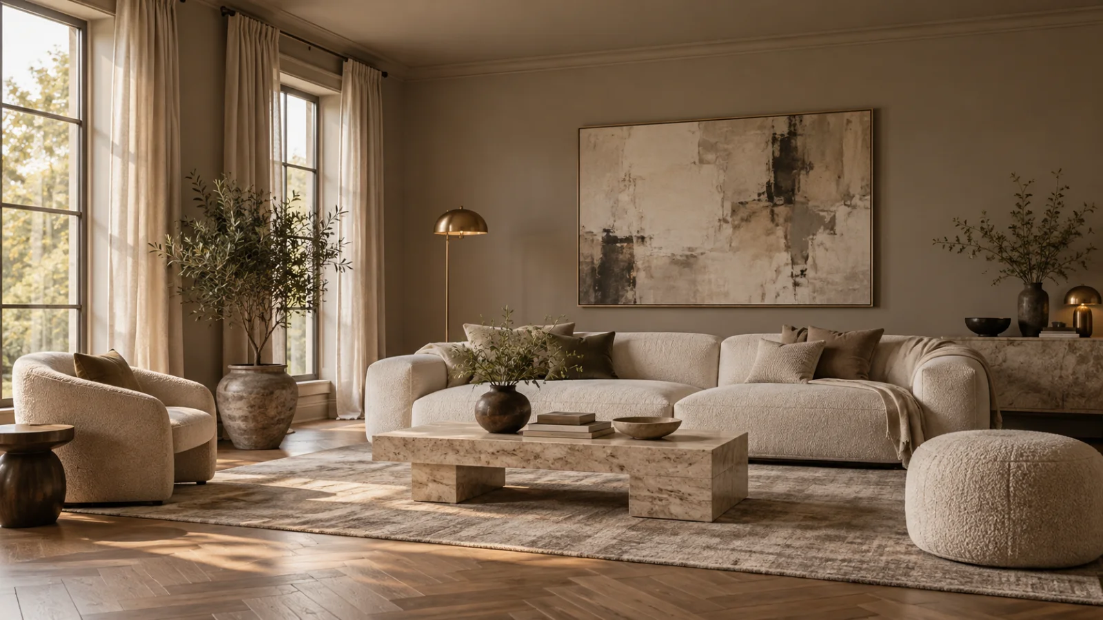 Living room with walls and ceiling in a matt mushroom taupe, a cream boucle sofa, a travertine coffee table and a herringbone oak floor
