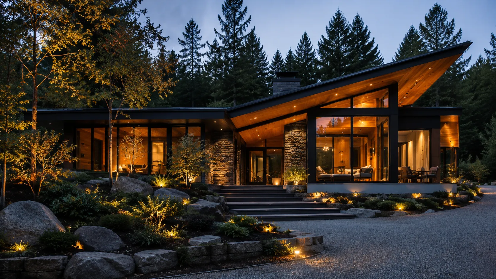 Timber-framed house under construction and the finished house at dusk
