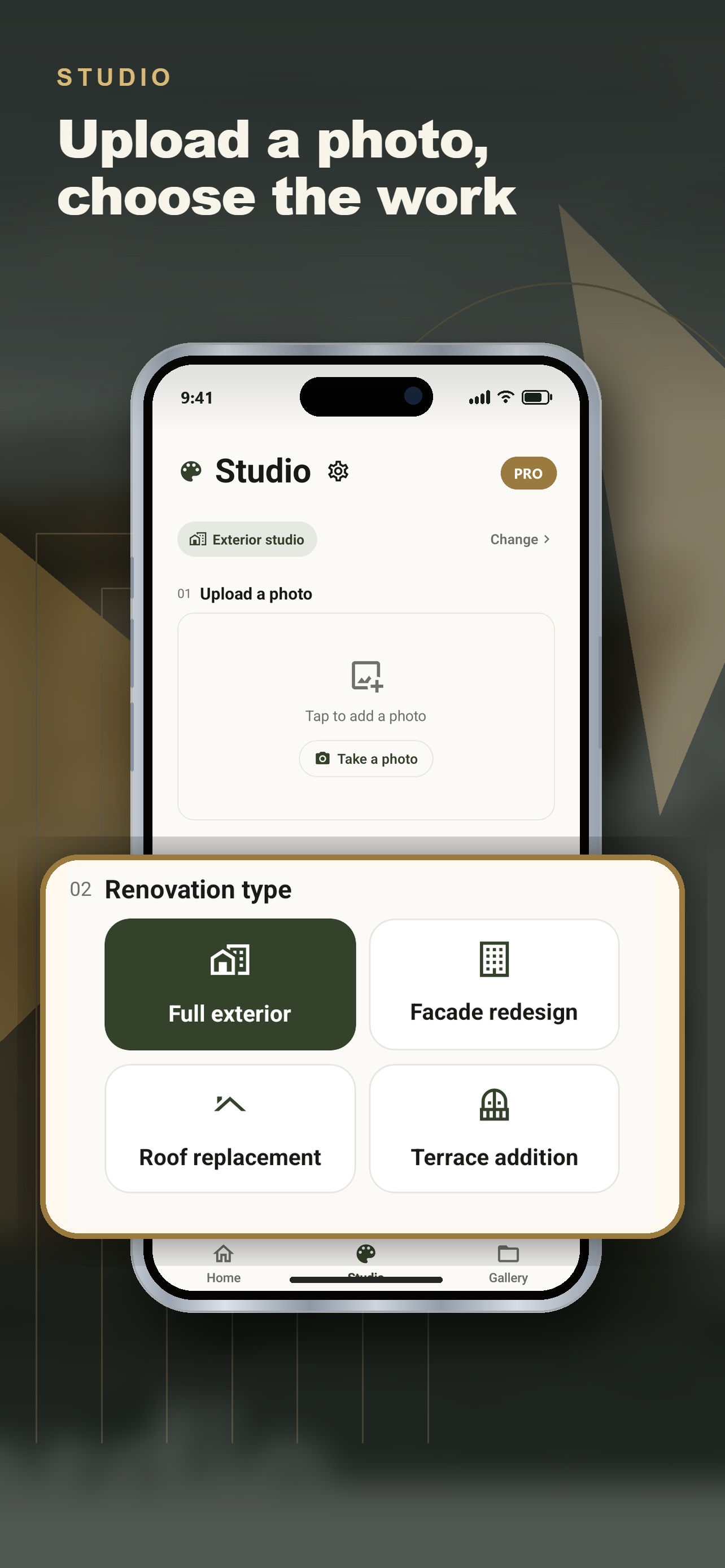 Studio — upload a photo and choose the renovation type